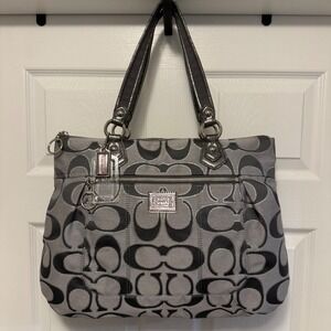 Coach Poppy‎ Signature Tote Bag Gray Black Silver Fabric Leather Shoulder Purse